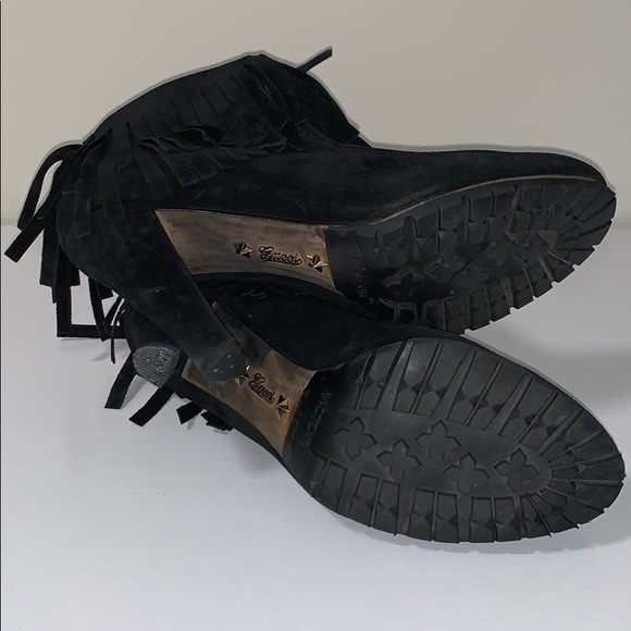 GUCCI Suede Ankle Boot | Heeled Moccasins With Fringe and Tassel Ties - Picture 13 of 14